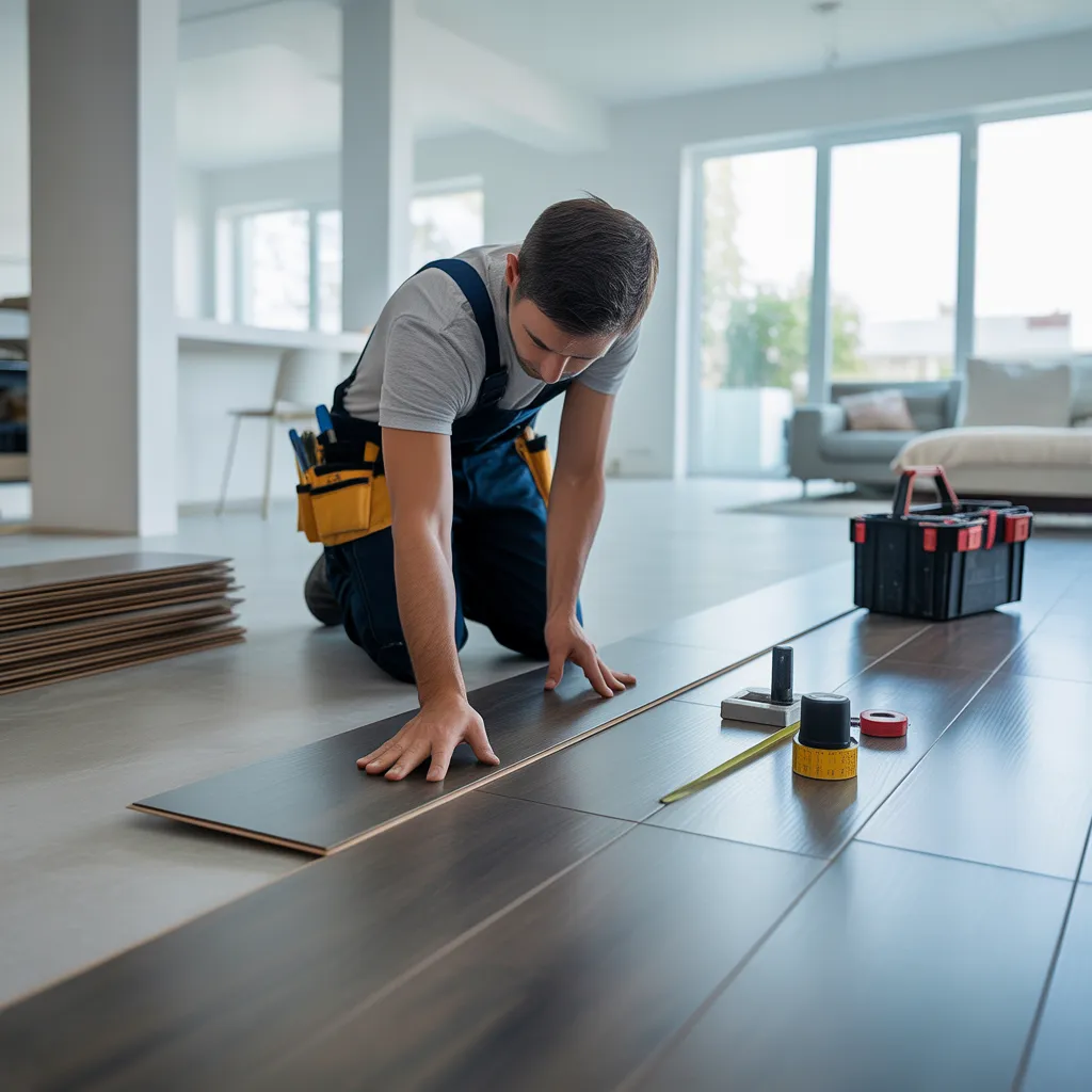 "Trinity ProZ flooring expert installing laminate in Atlantic City home, enhancing aesthetic and value with precision."