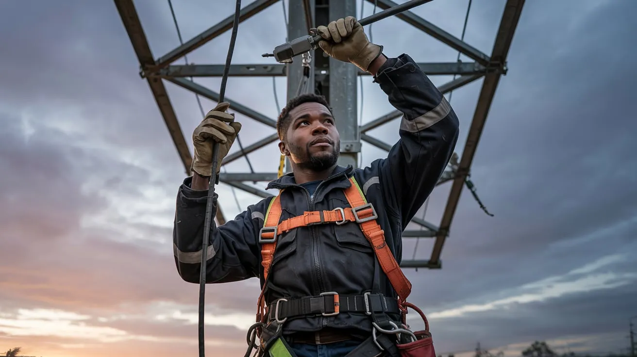 Electrician working on power lines at sunset, A Ford Appliance & Electrical Services, Wichita, enhancing safety and efficiency.