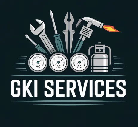 GKI Services logo with HVAC tools, promoting expert heating and cooling solutions in Tampa, FL for home comfort and efficiency.
