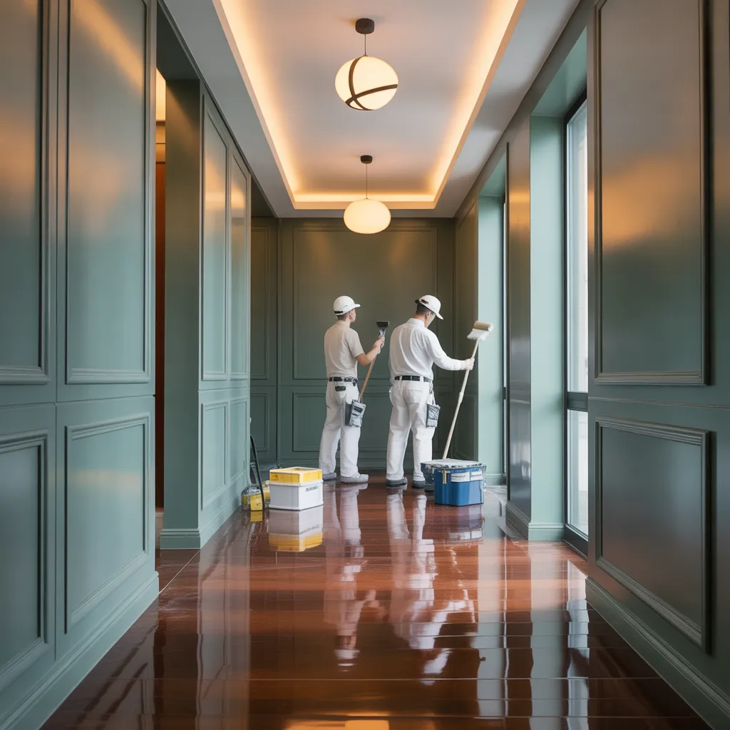 Professional remodeling team painting a luxurious hallway, showcasing Bray Legacy Management's home renovation in Atlanta, GA.