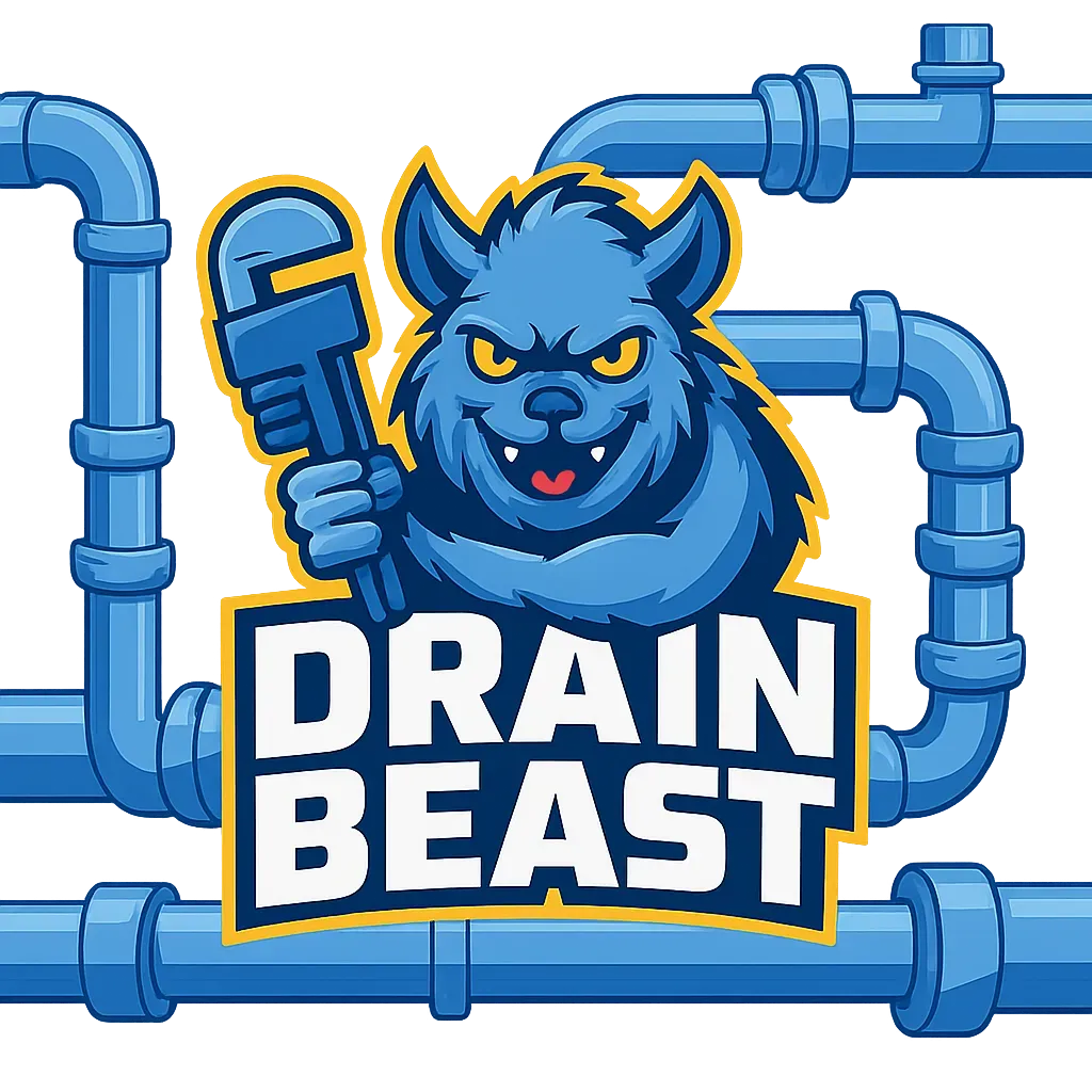 Drain Beast logo with blue pipes, symbolizing professional plumbing services in Belleville, IL, fast response solutions.