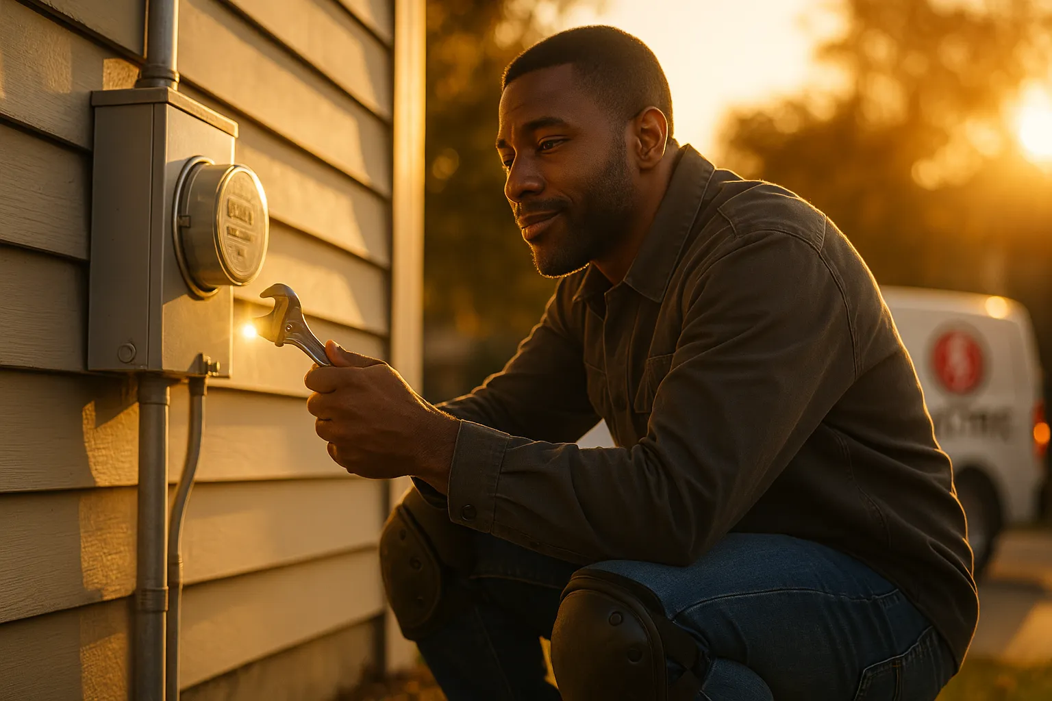 Electrician from A Ford Appliance & Electrical Services performing outdoor maintenance in Wichita, Kansas at sunset.