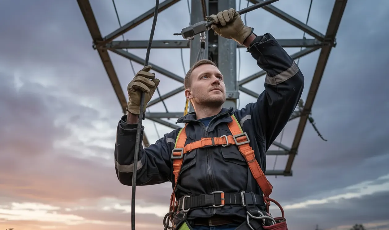 Electrician working on power lines in Wichita, Kansas, ensuring safety and efficiency with Ford Appliance & Electrical Services.