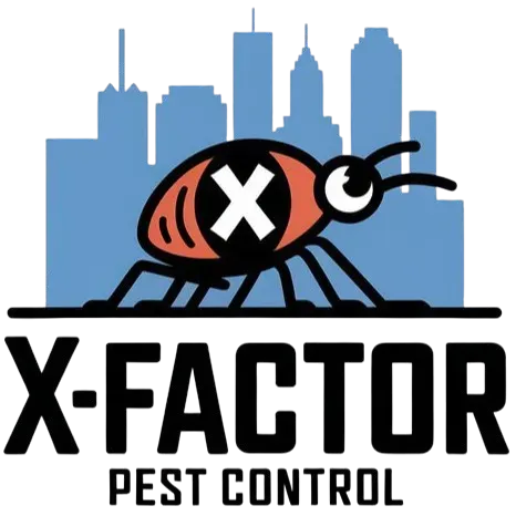 "X-Factor Pest Control NYC logo featuring cartoon bug and city skyline, representing expert pest control services in New York City."