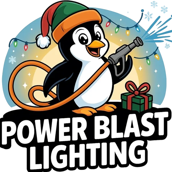 Festive penguin with a hose and gifts, representing Power Blast Lighting's Christmas light services in Louisville, Kentucky.