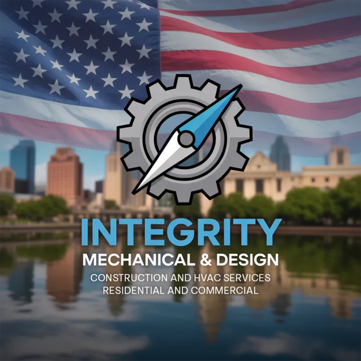 "Integrity Mechanical & Design logo with American flag, expert HVAC services in San Antonio, TX for home comfort and efficiency."
