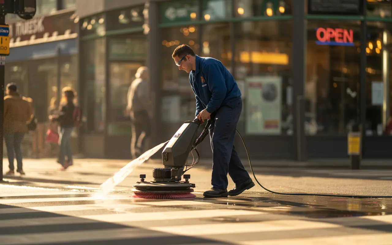 "Professional pressure washing in Louisville, KY by Power Blast, enhancing street cleanliness and curb appeal."