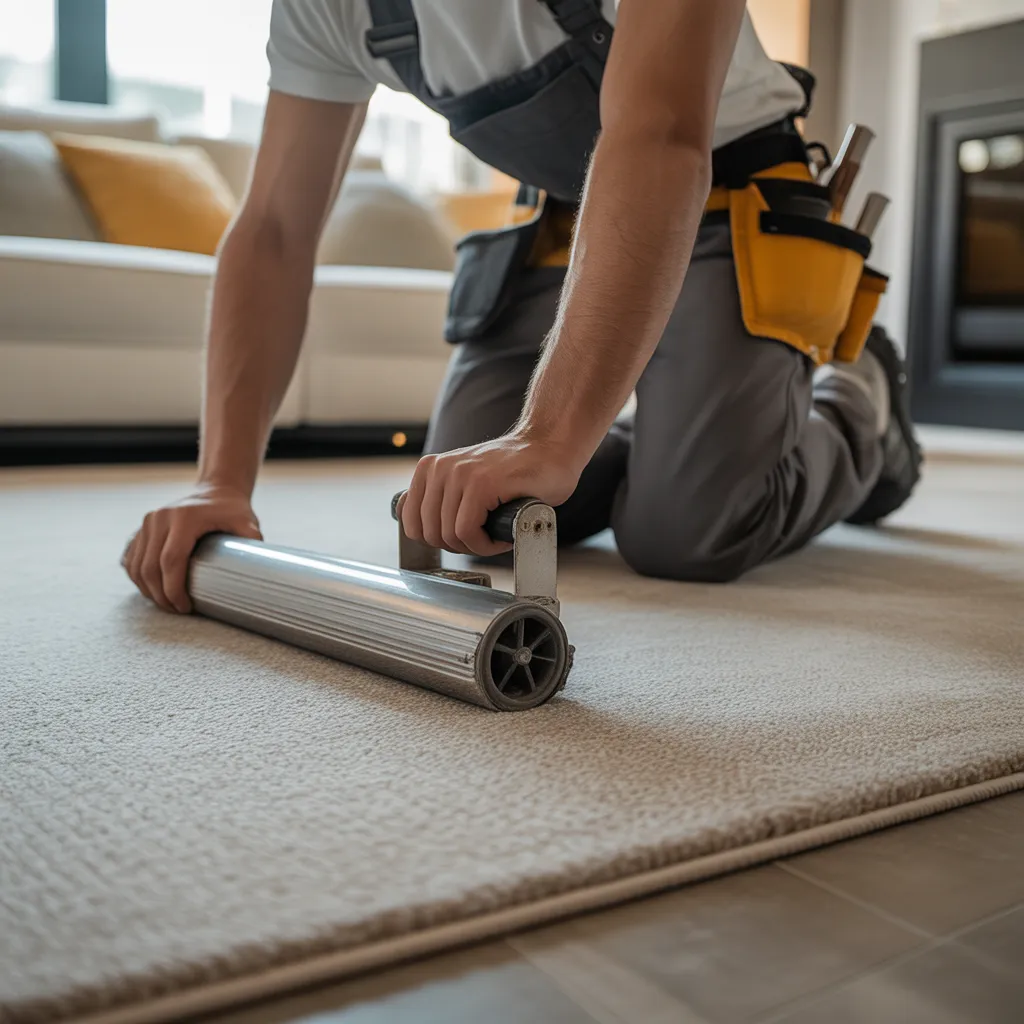 Living room with newly installed carpet in Atlantic County, NJ.
