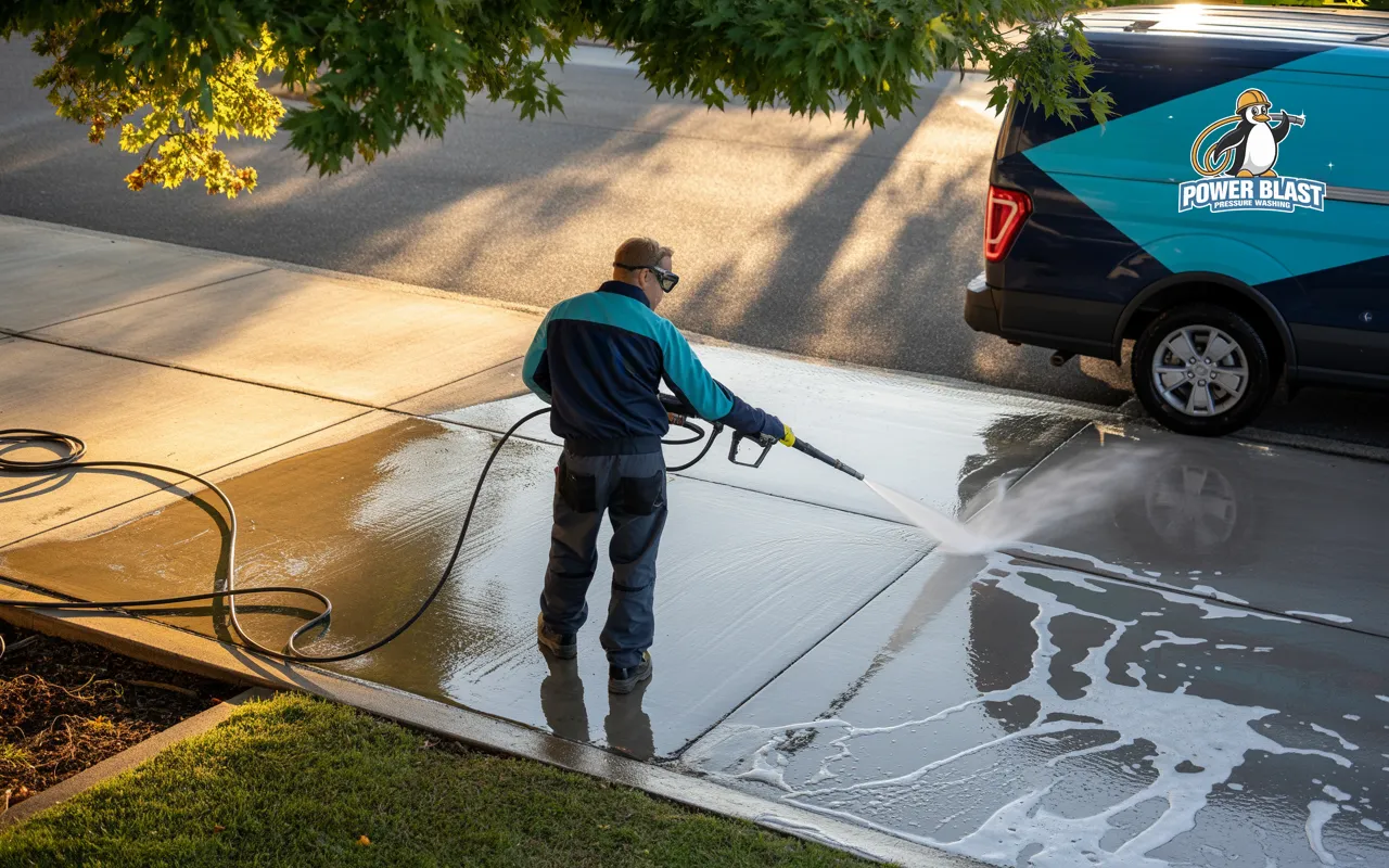"Professional pressure washing by Power Blast in Louisville, KY, cleaning driveway for pristine results."