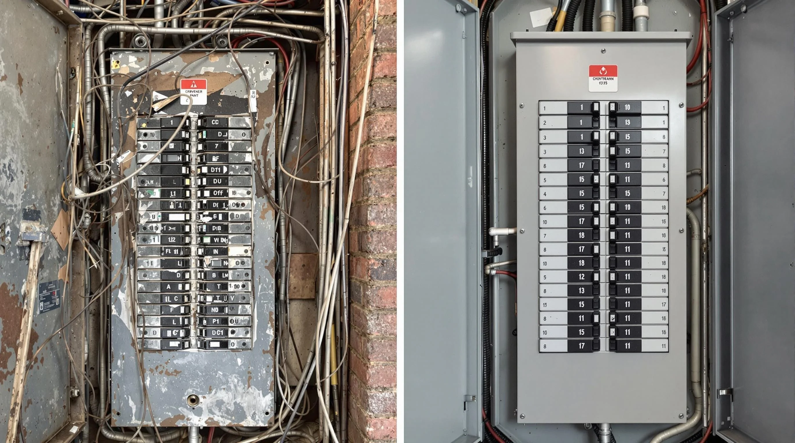 "Before and after of electrical panel upgrade by Commercial Renovations LLCs, enhancing safety and efficiency in Houston businesses."