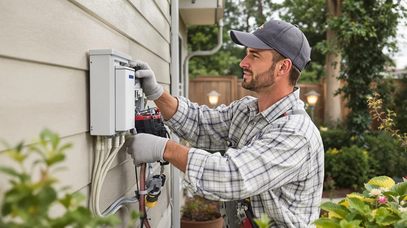 "Triplep Electric technician expertly handling outdoor electrical panel for quality service in Daly City, ensuring efficiency and safety."