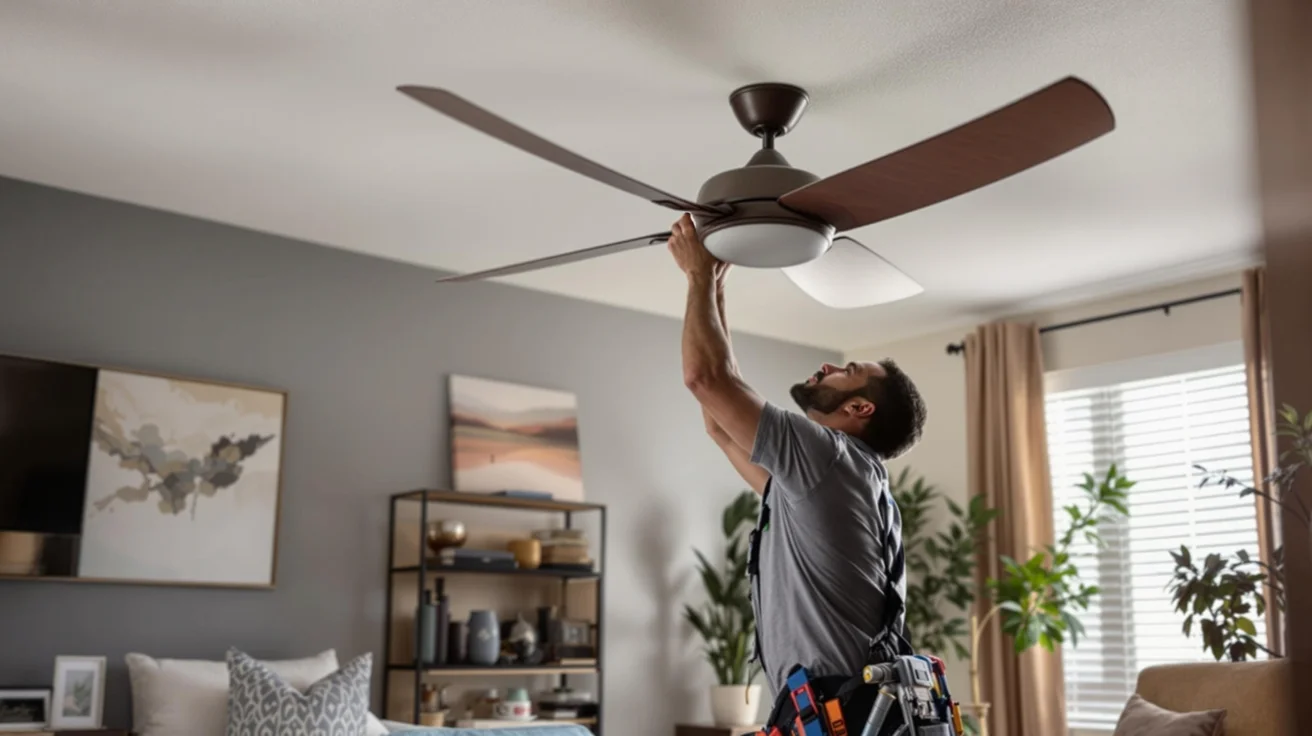 "Professional electrician installing ceiling fan, enhancing safety and efficiency for business operations in Houston."