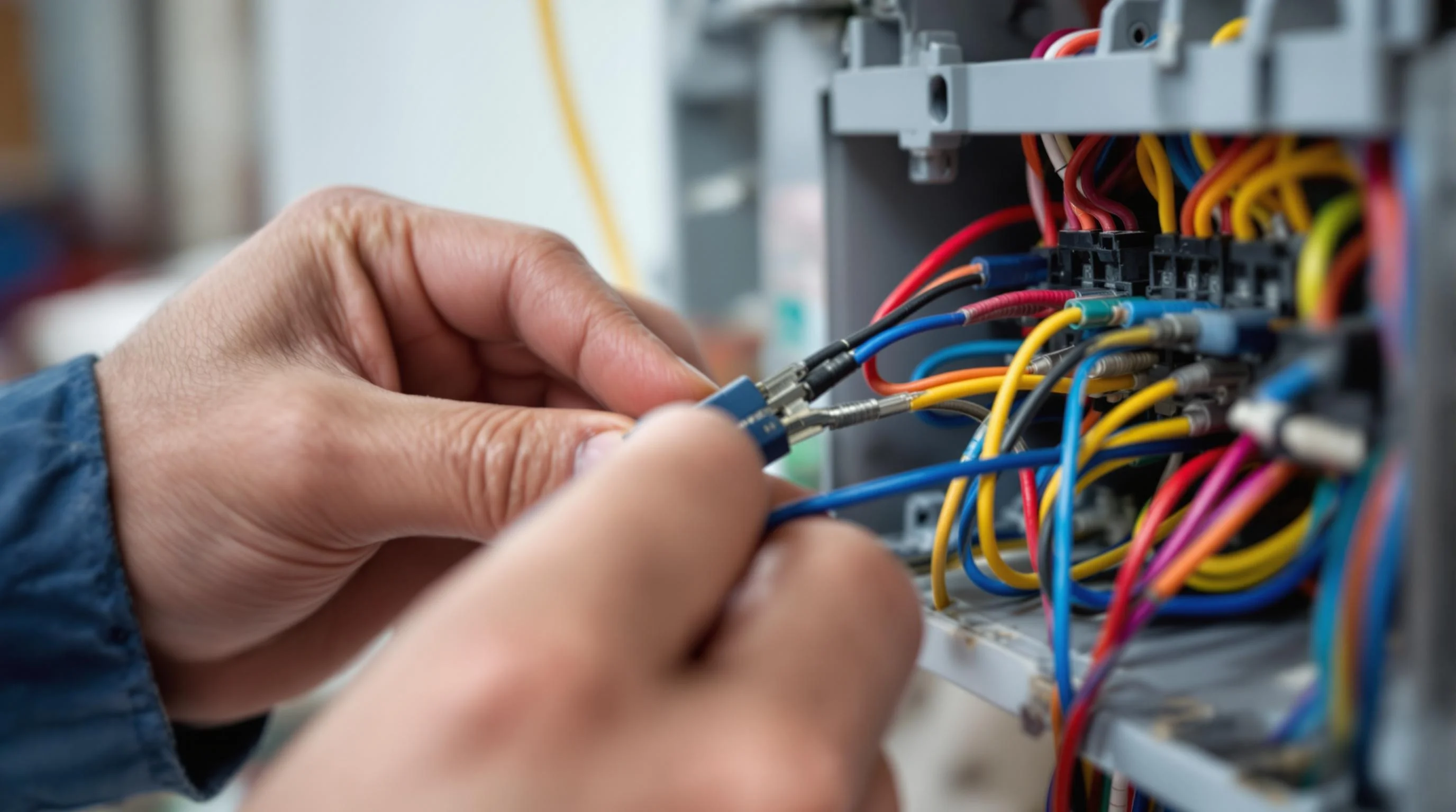 "Expert electrician managing colorful wiring at Triplep Electric, providing reliable electrical services in Daly City."