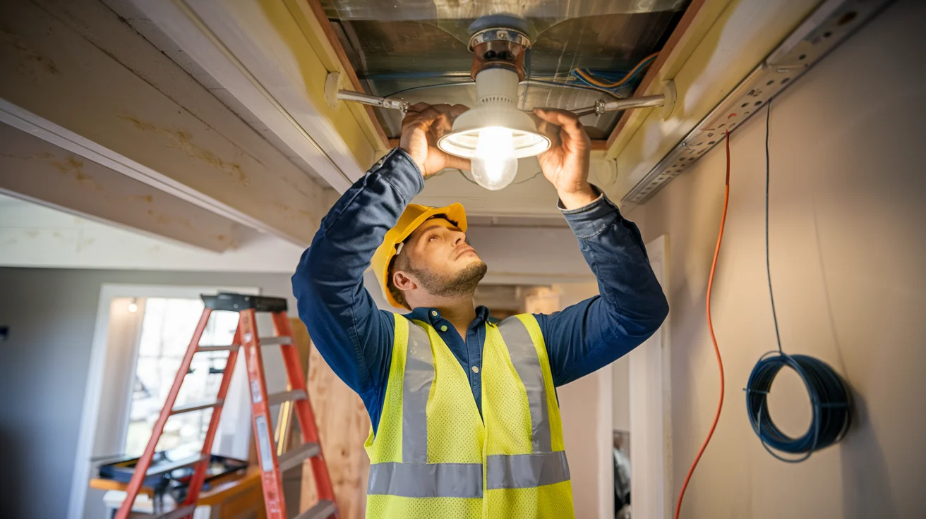 Electrician performs installation for Commercial Renovations LLCs, enhancing safety and efficiency in Houston business.