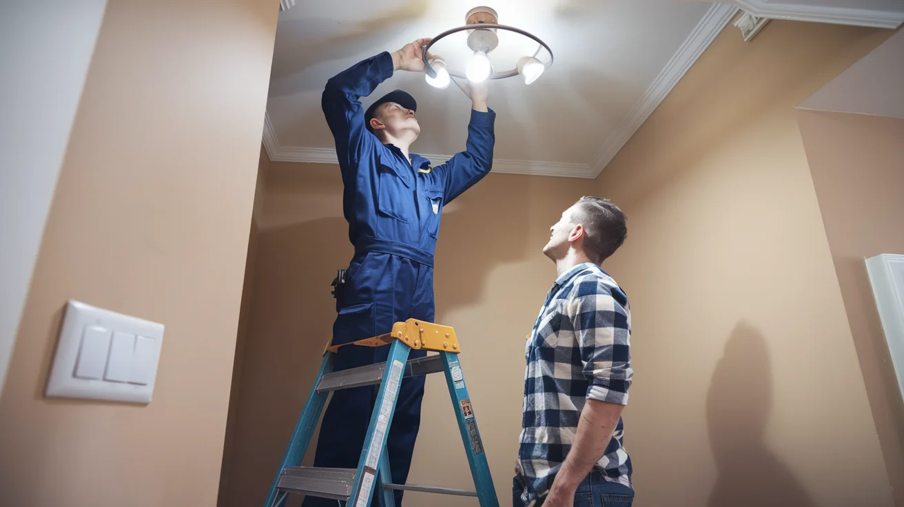 "Triplep Electric technician installing ceiling light, ensuring safety and efficiency in Daly City electrical services."