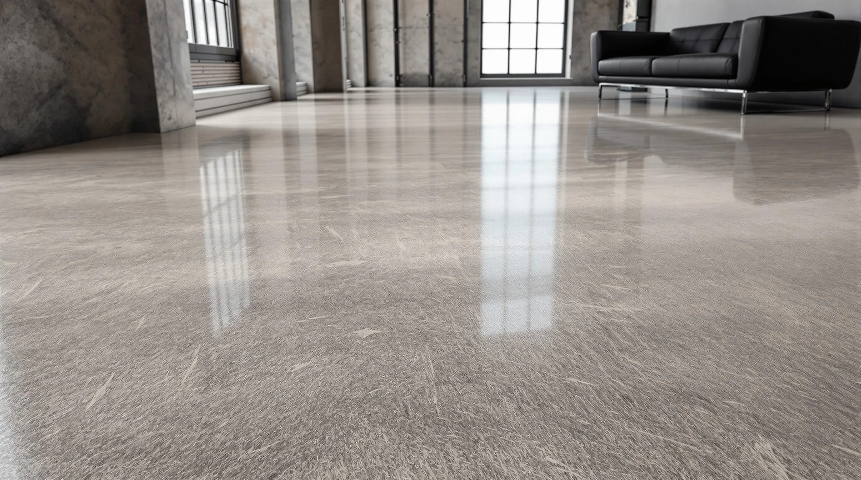 Modern living room with elegant, polished flooring by Faithful Hands Flooring, showcasing durability and aesthetic appeal.
