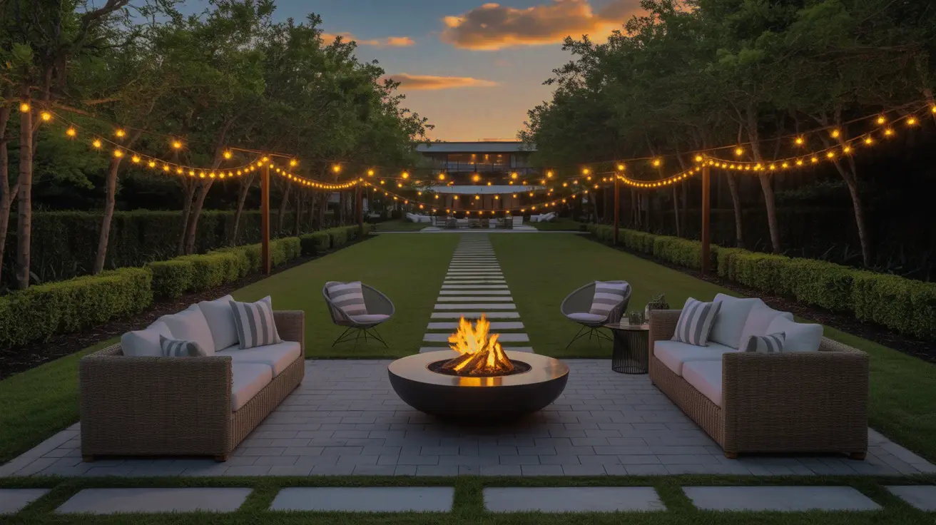 Luxurious outdoor setting by Eti Services, featuring elegant landscaping, cozy seating, and ambient lighting in Myrtle Beach.