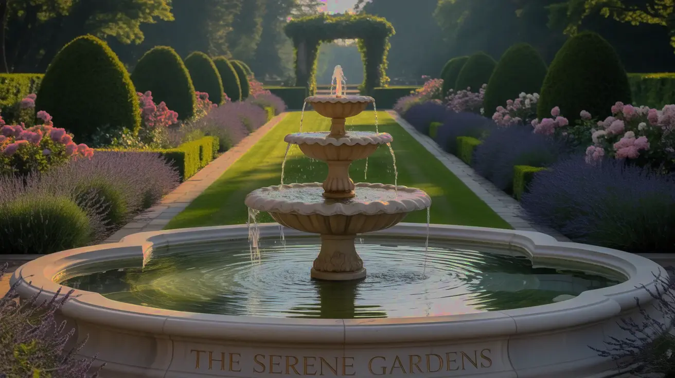 "Elegant garden with a central fountain, lush greenery, and vibrant flowers by Eti Services Myrtle Beach landscaping experts."