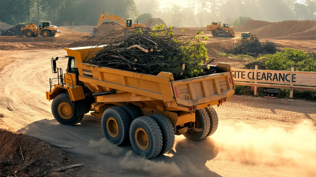 "Integrity Home Services Atlanta land clearing, construction trucks at work, eco-friendly property transformation, site clearance."