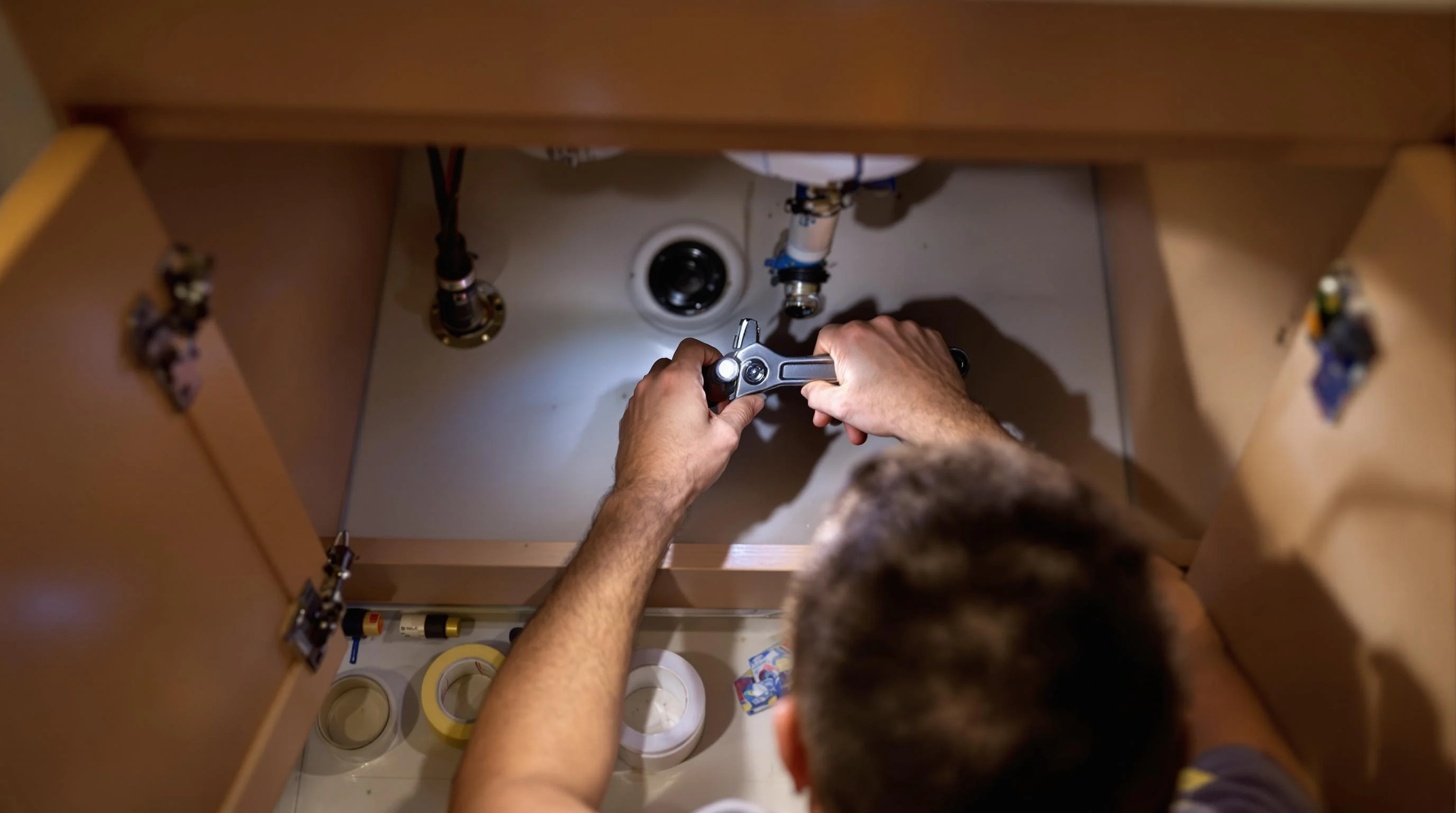 Plumber from KMC Home Solutions fixing a leak under a sink, showcasing professional and efficient plumbing services.