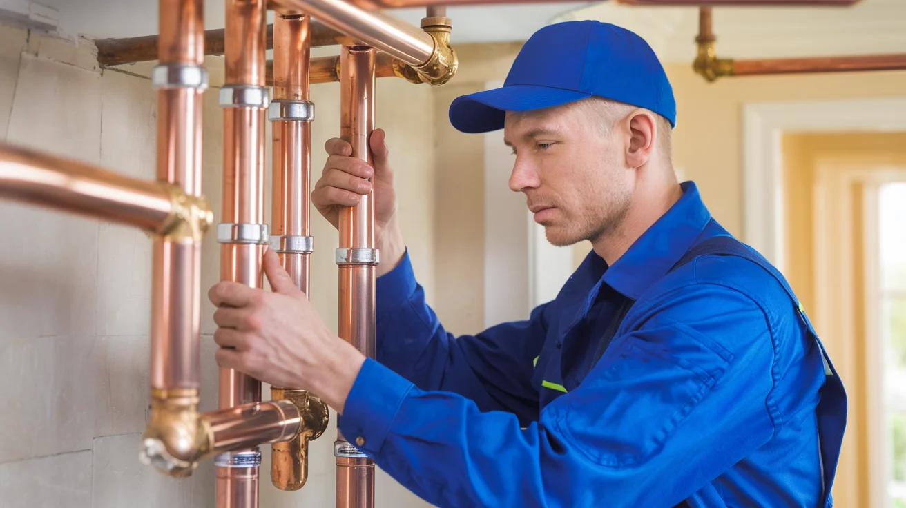 "Expert plumber from KMC Home Solutions fixing copper pipes, showcasing professional plumbing services and repair solutions."