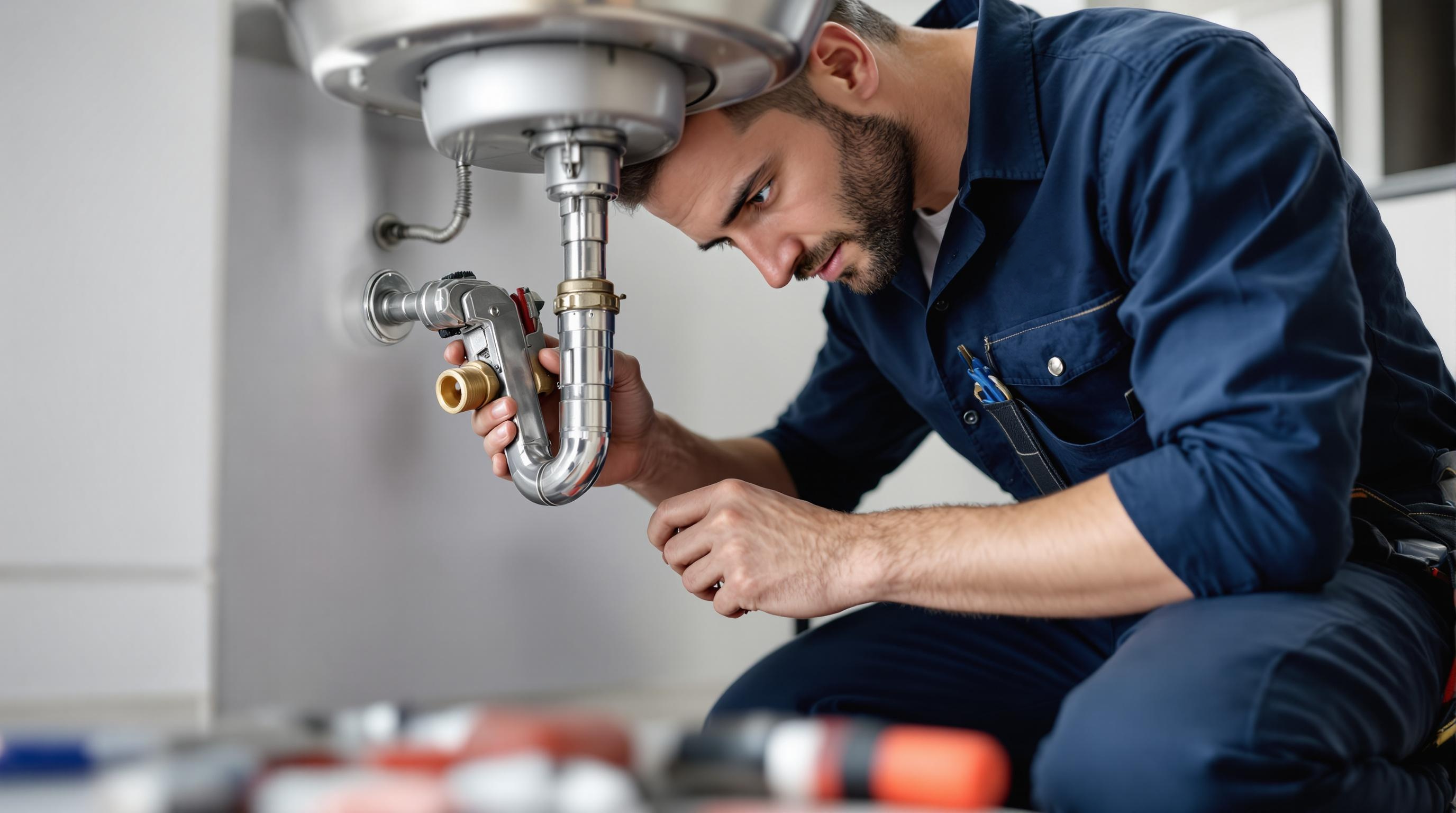 Plumber from KMC Home Solutions fixing a sink, highlighting expert plumbing services with prompt response in emergencies.