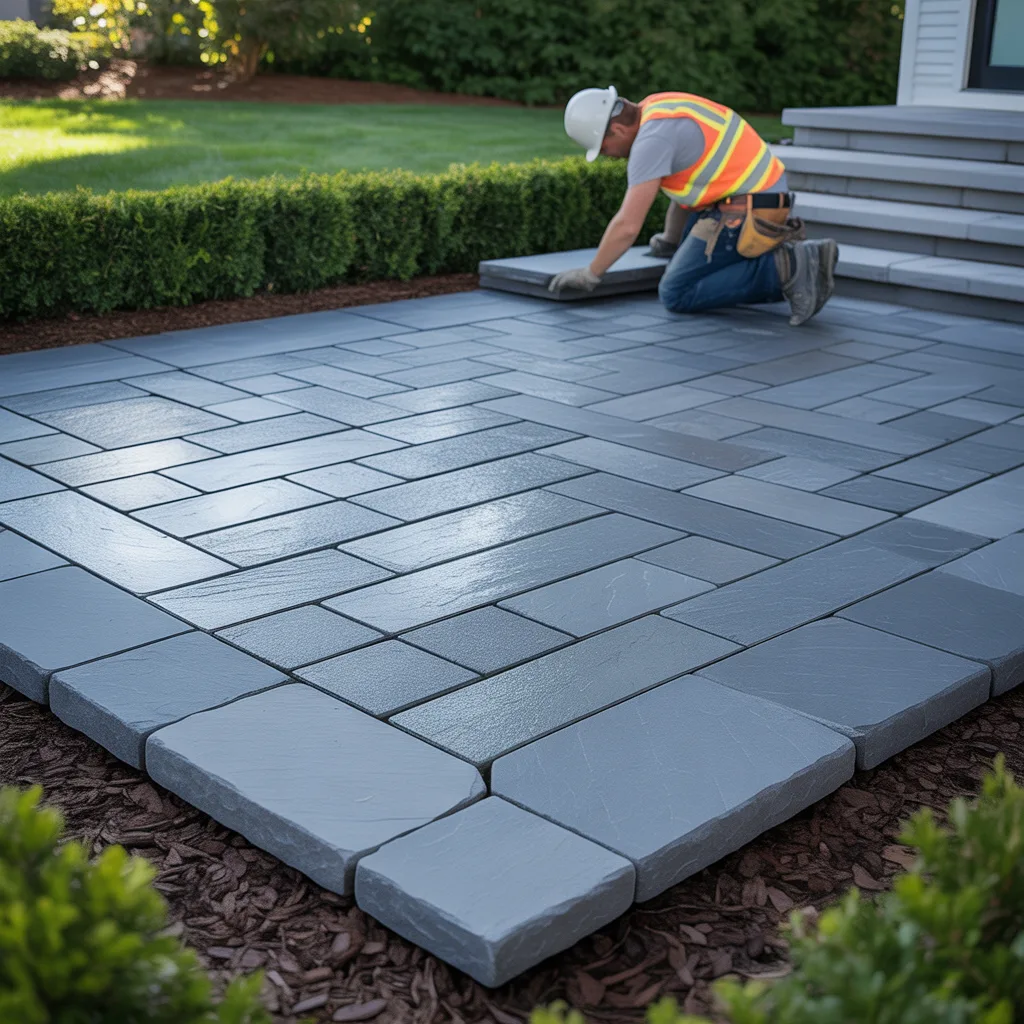 "Professional landscaper installing pavers in Myrtle Beach, SC for enhanced outdoor beauty and functionality – Eti Services."
