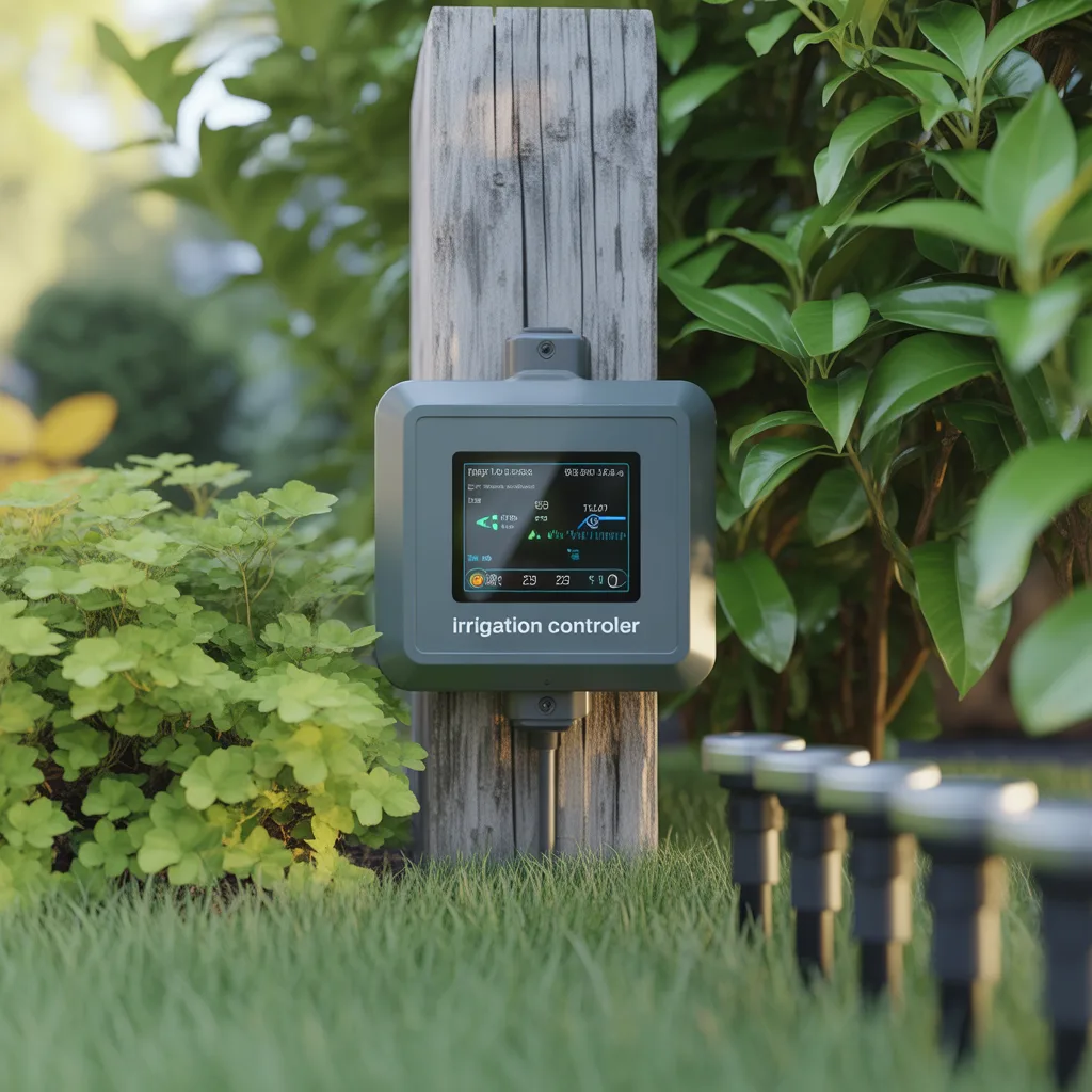 Smart irrigation controller in landscaped yard, showcasing Eti Services' expert landscaping solutions in Myrtle Beach, SC.