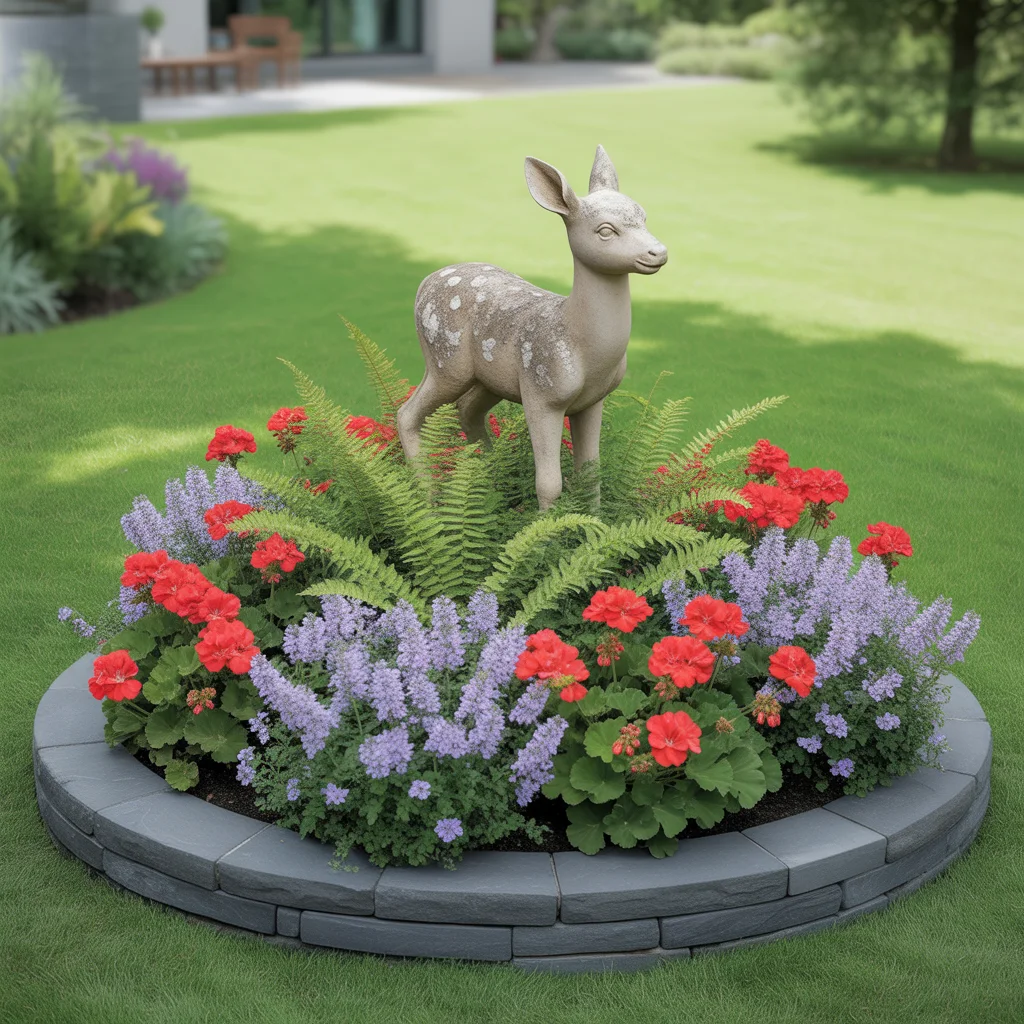 Deer statue in vibrant landscaped garden with colorful flowers, showcasing Eti Services' expert landscaping in Myrtle Beach, SC.