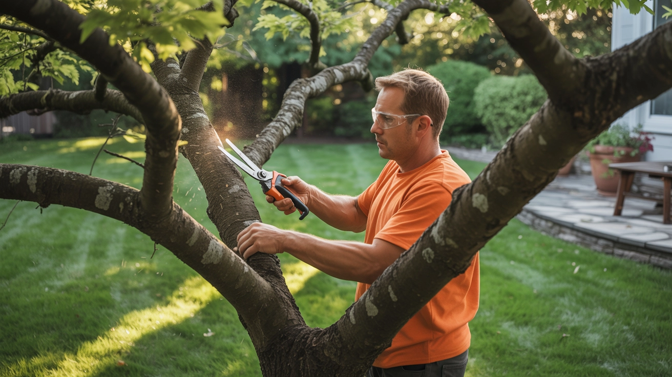 "Landscaping professional pruning tree in Myrtle Beach backyard, enhancing outdoor beauty with Eti Services, SC."