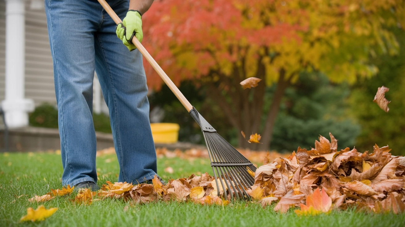 "Person raking autumn leaves in a landscaped yard by Eti Services, Myrtle Beach SC, enhancing curb appeal and outdoor enjoyment."
