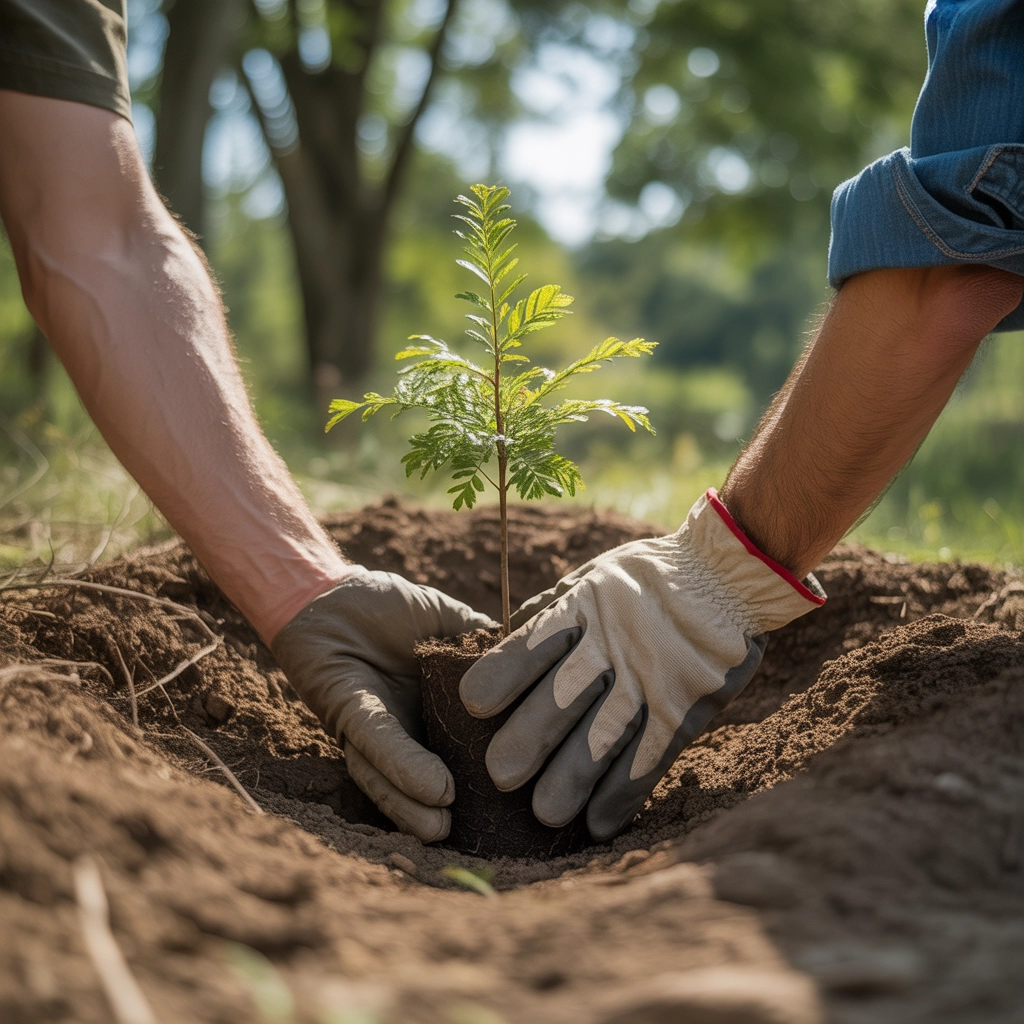 Two hands planting a young tree in soil, showcasing professional landscaping services in Myrtle Beach by Eti Services.