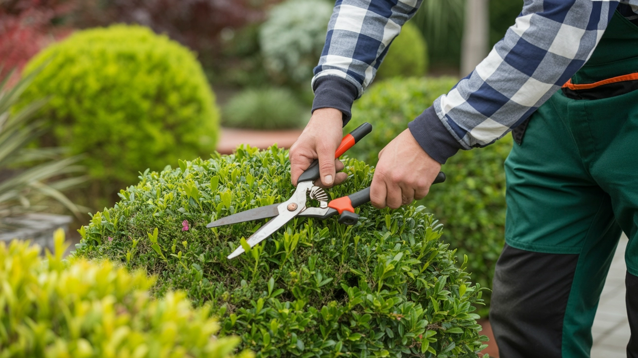 Professional landscaper trimming shrubs for Eti Services in Myrtle Beach, SC, enhancing curb appeal and outdoor enjoyment.