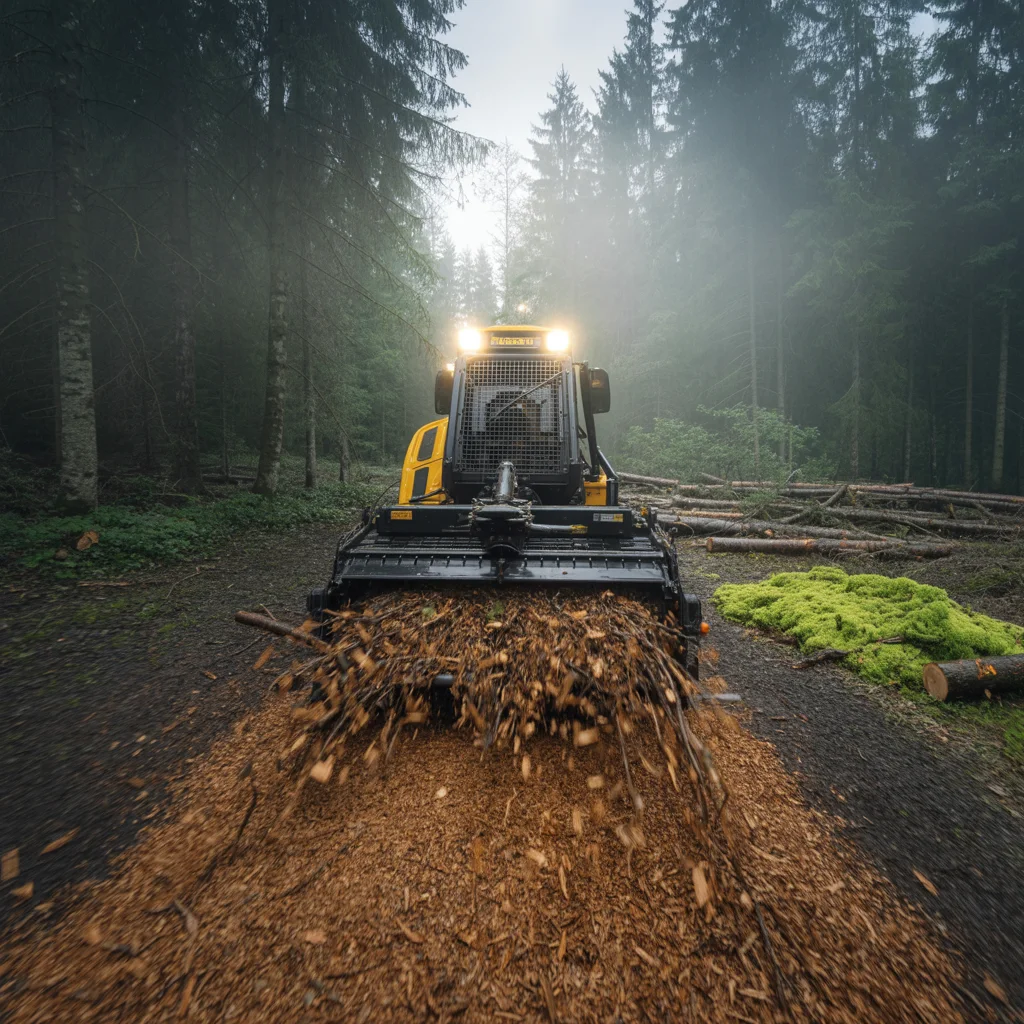 "Integrity Home Services Atlanta land clearing machine transforming forested area, prepping for construction and landscaping."