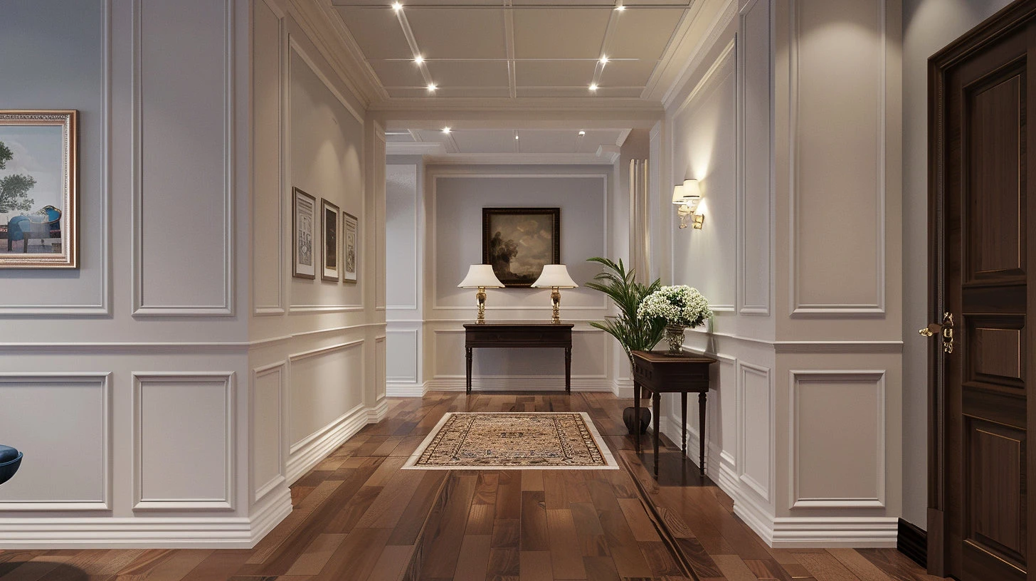 "Sophisticated interior hallway remodeled by Wayne's Way, showcasing elegant design and detail for enhanced home value."