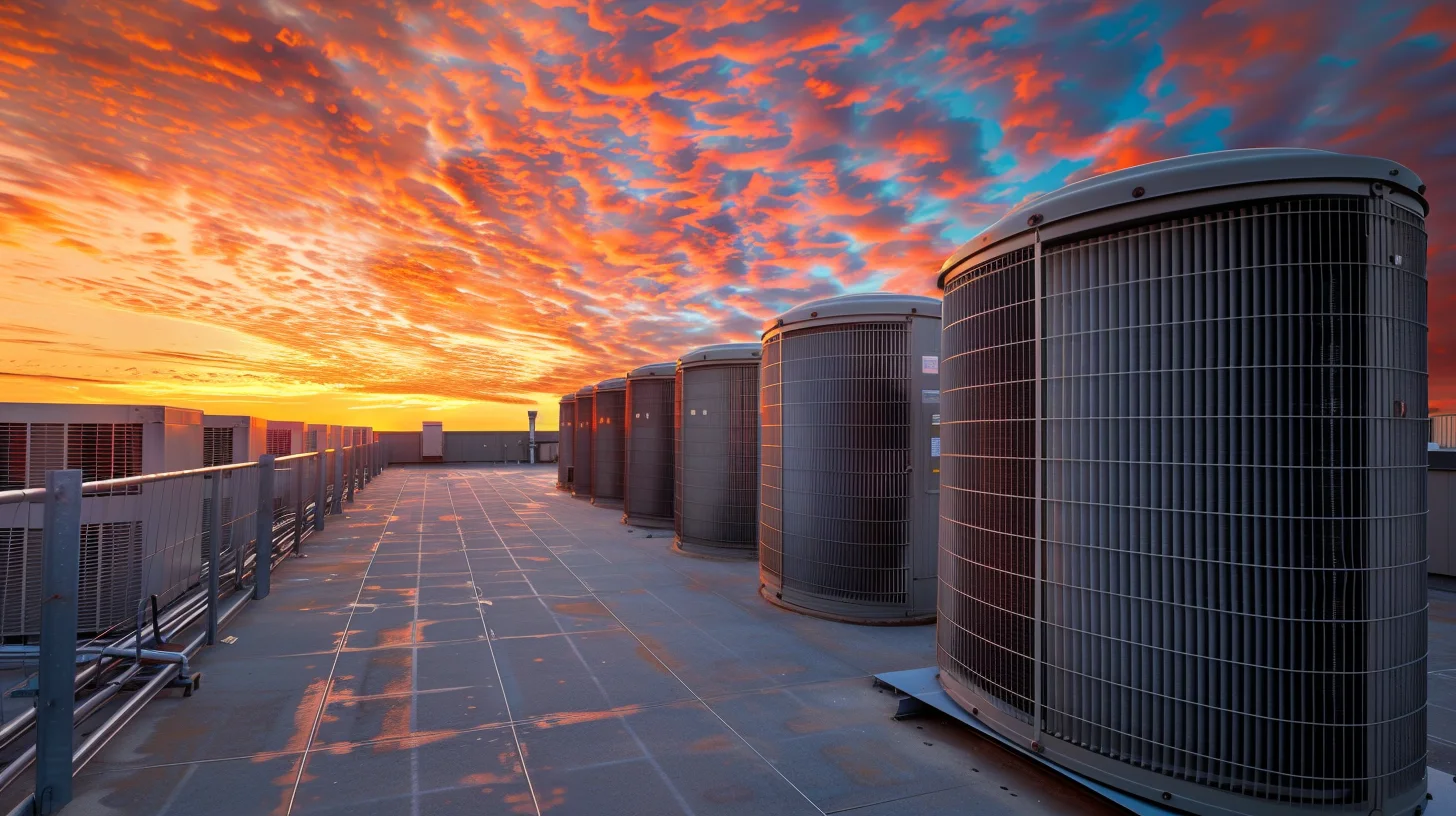 Rooftop HVAC units at sunset, highlighting Southwest AC And Refrigeration's efficient cooling and heating solutions.