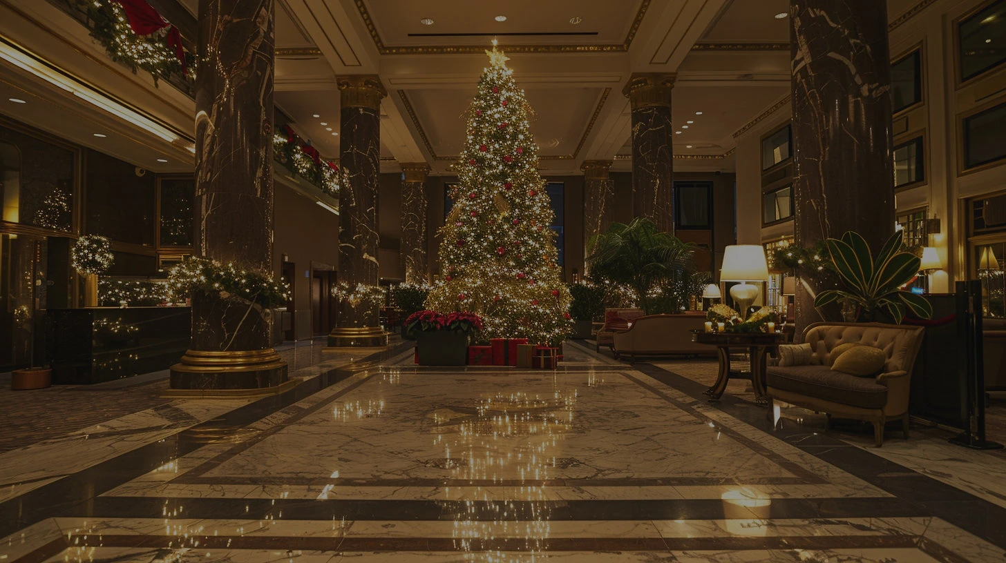 Elegant Christmas tree display in hotel lobby, expertly lit by SoCal Christmas Lighting for a festive holiday ambiance.