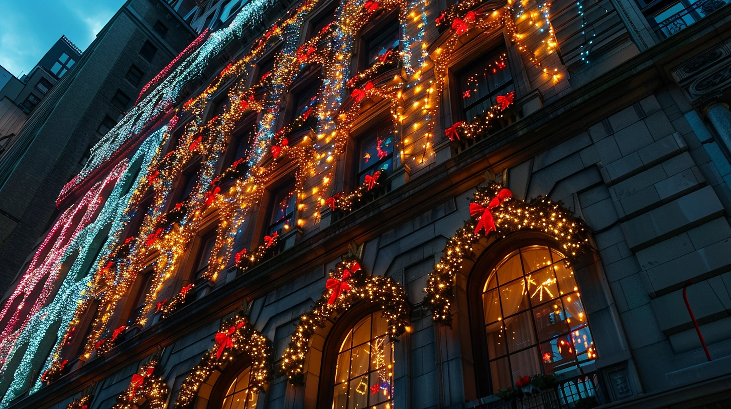 Festive holiday lighting decorates a building, showcasing SoCal Christmas Lighting's expert design and installation services.